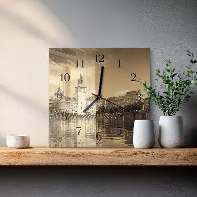 Moderne wandklok glas vierkant Kasteel in sepia