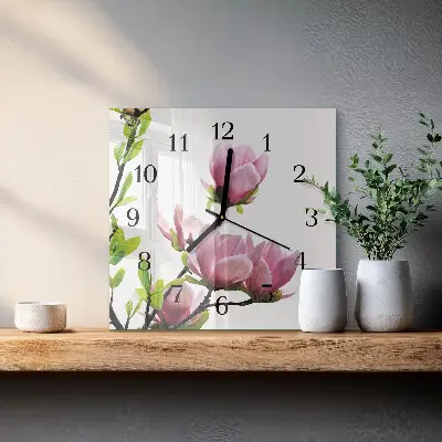 Moderne wandklok glas vierkant Magnolia bloem