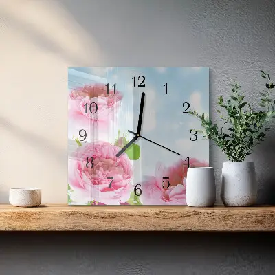 Vierkante glazen wandklok Pioenrozen