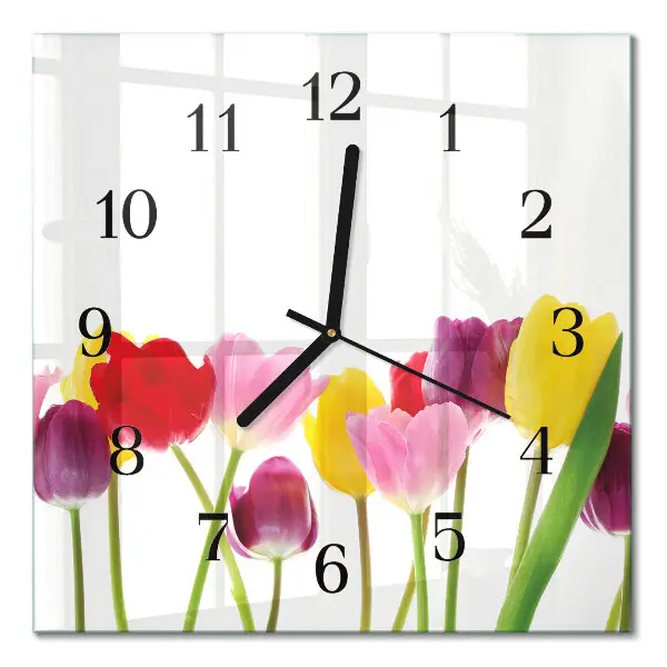 Vierkante glazen wandklok Kleurrijke tulpen