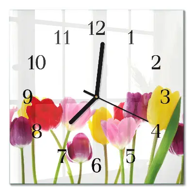 Vierkante glazen wandklok Kleurrijke tulpen