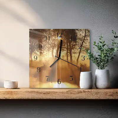 Vierkante glazen klok Bomen in de mist