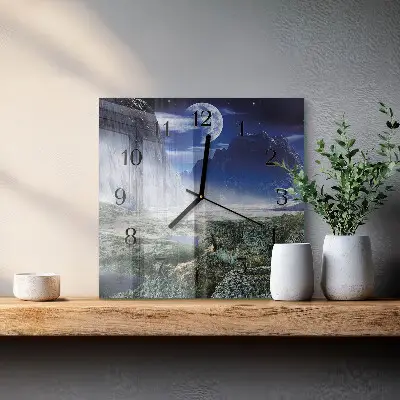 Moderne wandklok glas vierkant Bergen maan