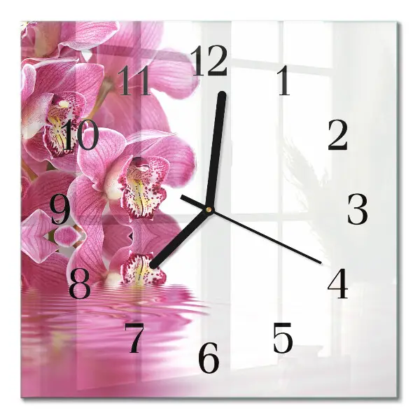 Vierkante glazen wandklok Orchidee