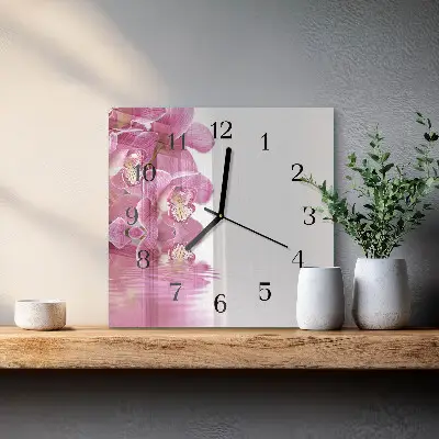 Vierkante glazen wandklok Orchidee