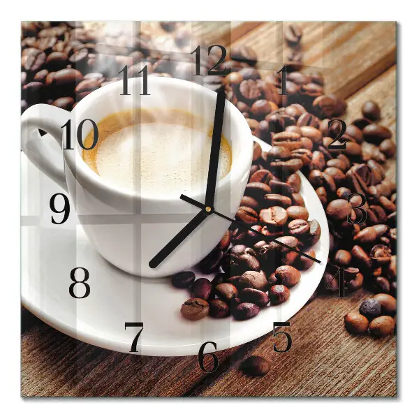 Vierkante glazen wandklok Een kopje koffie