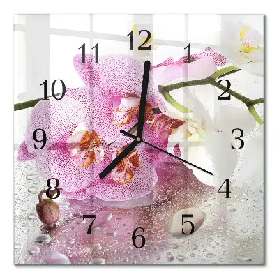 Vierkante glazen wandklok Orchidee
