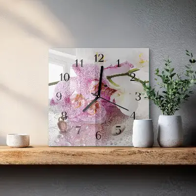 Vierkante glazen wandklok Orchidee
