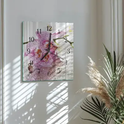 Vierkante glazen wandklok Orchidee