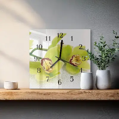 Vierkante glazen wandklok Orchidee