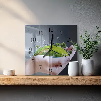 Vierkante glas klok Aarde in de hand