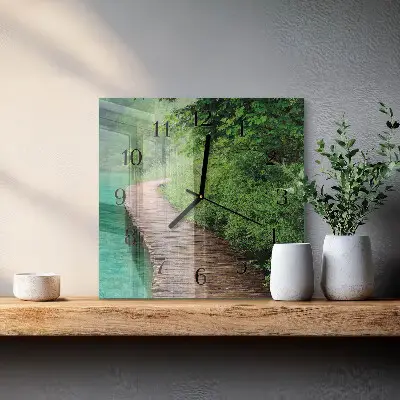 Vierkante glazen klok Houten steiger