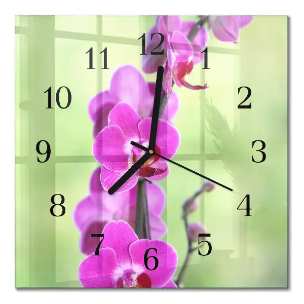 Vierkante glazen wandklok Orchidee