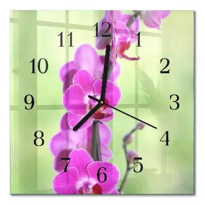 Vierkante glazen wandklok Orchidee