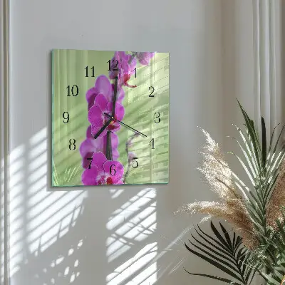Vierkante glazen wandklok Orchidee