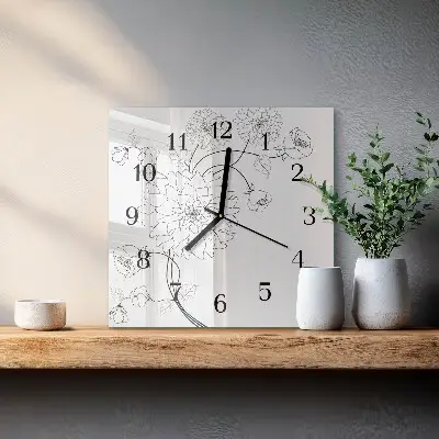 Vierkante glazen wandklok Bloemen