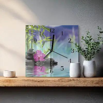 Vierkante glazen wandklok Orchidee spa