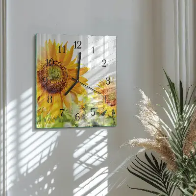 Vierkante glazen wandklok Zonnebloem