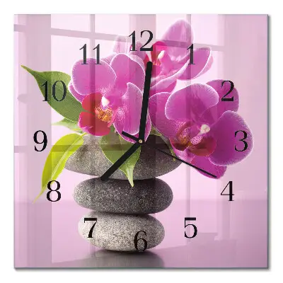 Vierkante glazen wandklok Orchidee