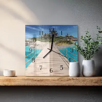Vierkante glazen wandklok Brug op het eiland