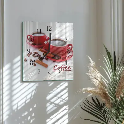 Vierkante glazen wandklok Een kopje koffie