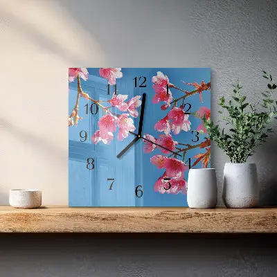 Vierkante glazen wandklok Bloemen