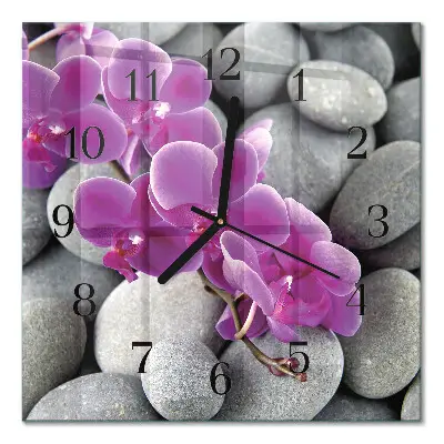Moderne wandklok glas vierkant Stenen en orchidee