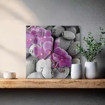 Moderne wandklok glas vierkant Stenen en orchidee
