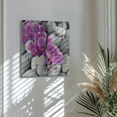 Moderne wandklok glas vierkant Stenen en orchidee