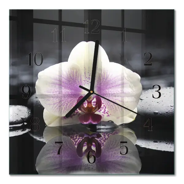 Vierkante glazen wandklok Orchidee