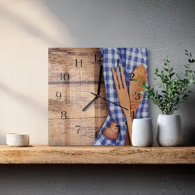 Moderne wandklok glas vierkant Hout en bestek
