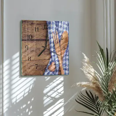 Moderne wandklok glas vierkant Hout en bestek