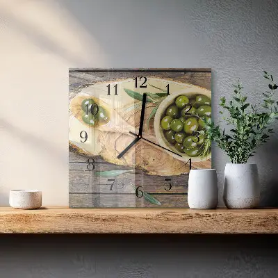 Vierkante glazen wandklok Olijfhout