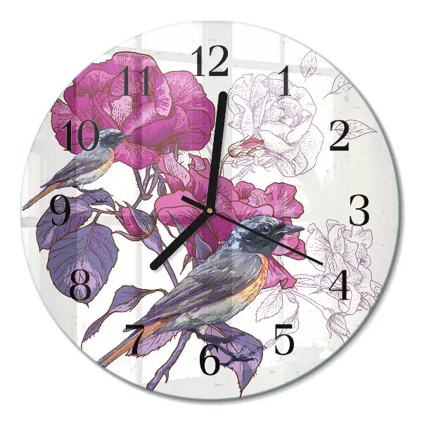 Ronde glazen wandklok Vogels en bloemen