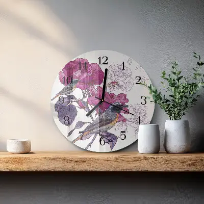 Ronde glazen wandklok Vogels en bloemen