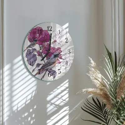 Ronde glazen wandklok Vogels en bloemen
