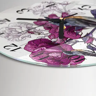 Ronde glazen wandklok Vogels en bloemen