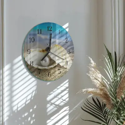 Wandklok glas decoratie rond Parel in een schelp