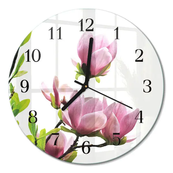 Wandklok glas decoratie rond Magnolia bloem