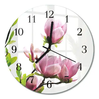 Wandklok glas decoratie rond Magnolia bloem