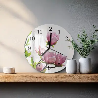 Wandklok glas decoratie rond Magnolia bloem