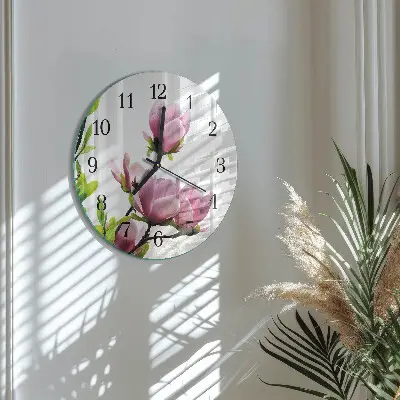 Wandklok glas decoratie rond Magnolia bloem