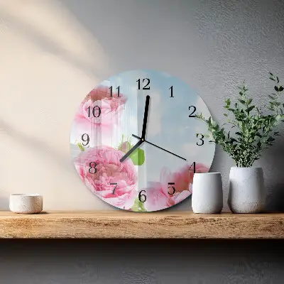 Ronde glazen wandklok Pioenrozen