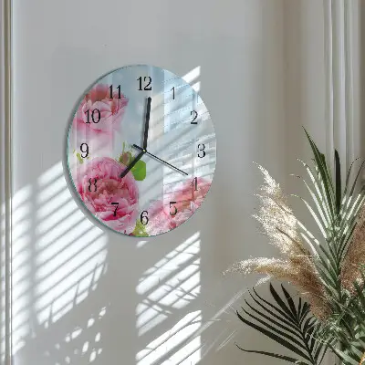 Ronde glazen wandklok Pioenrozen