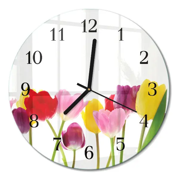 Ronde glazen wandklok Kleurrijke tulpen