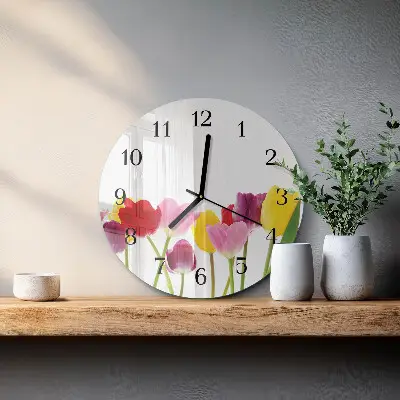 Ronde glazen wandklok Kleurrijke tulpen