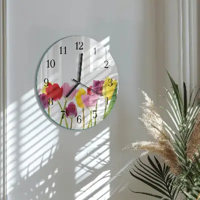 Ronde glazen wandklok Kleurrijke tulpen