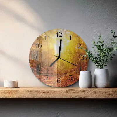 Ronde glazen wandklok Herfstbos