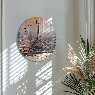Ronde glazen wandklok Stad