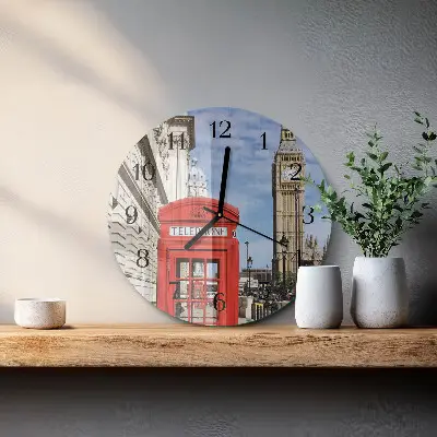 Ronde glazen wandklok Rode telefooncel